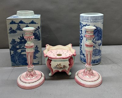 Lot 392 - Two blue and white Vases along with pink...