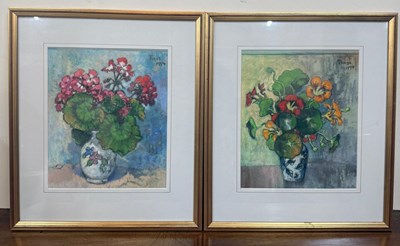 Lot 266 - Two still life pastel on paper of flowers in...