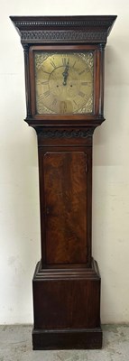 Lot 606 - Eight day long case clock, flame mahogany case...
