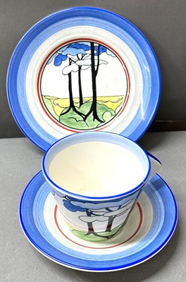 Lot 385 - A Clarice Cliff Bizarre Blue Firs conical tea...