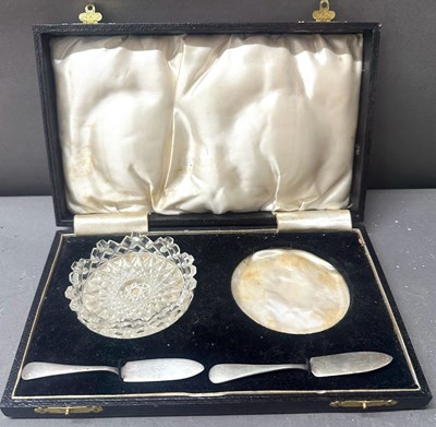 Lot 480 - An antique butter serving set (one glass dish...