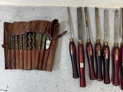 Lot 415 - Assortment of chisels, seven old lathe drill bits