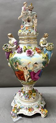 Lot 386 - A Dresden porcelain figural covered urn...