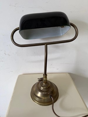 Lot 120 - Brass banker lamp with dark green glass shade