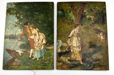 Lot 275 - A pair of oil on board paintings of a courting...