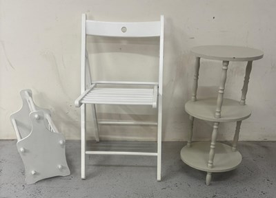 Lot 805 - A folding chair painted white and a three-tier...