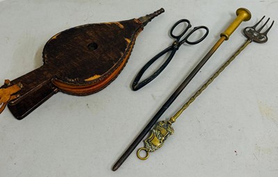 Lot 806 - Fire bellows, toasting forks, and poker