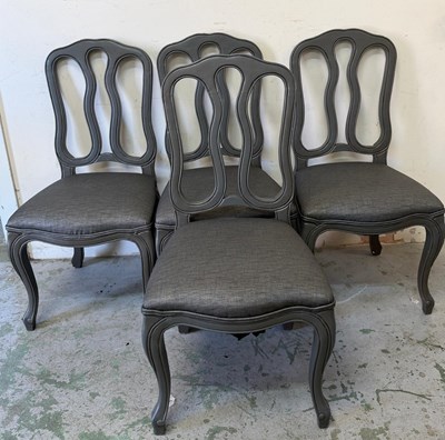 Lot 141 - Four grey dining chairs with a scrolling frame...
