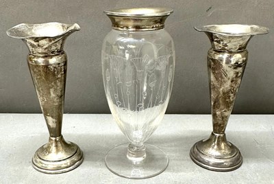 Lot 454 - A pair of silver trumpet vases with ruffled...
